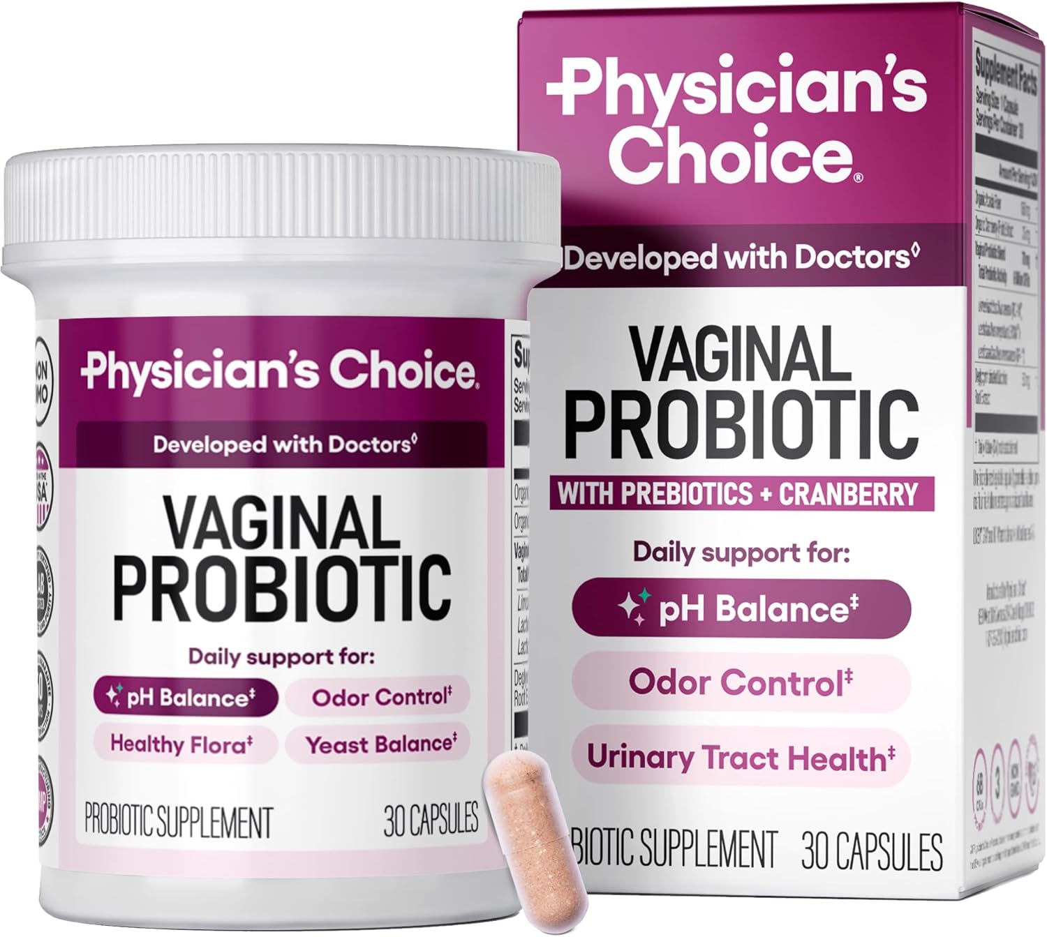 Physician’s CHOICE Vaginal Probiotics for Women – pH Balance, Odor Control, Yeast Balance, Vaginal Flora & Feminine Health – 6B CFU with Organic Prebiotics and Cranberry Extract – 30 CT