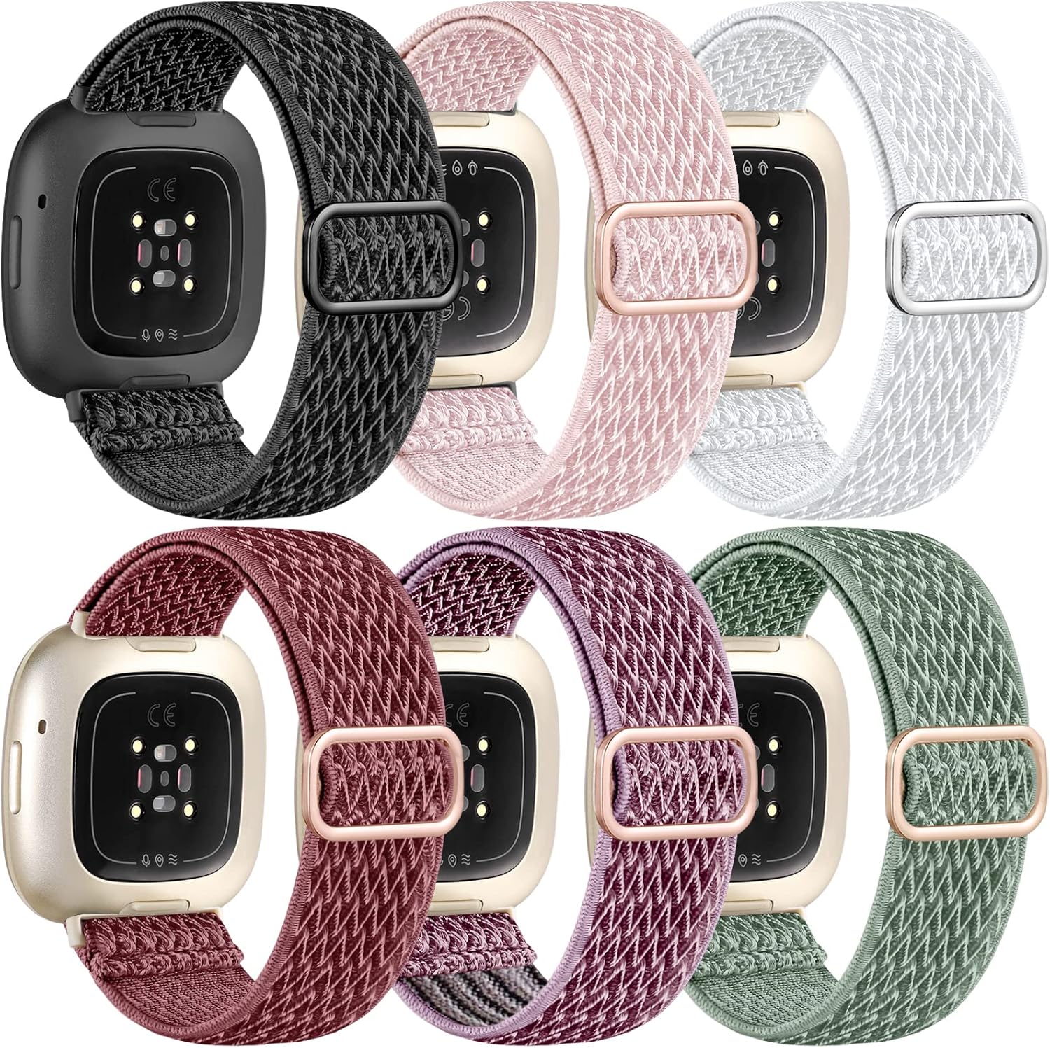 Ouwegaga Elastic Band Compatible with Fitbit Versa 4 Bands/Sense 2/Sense/Versa 3 Bands for Women Men, Adjustable Stretchy Nylon Solo Loop Sport Strap Compatible with Fitbit Smartwatch, 6 Packs