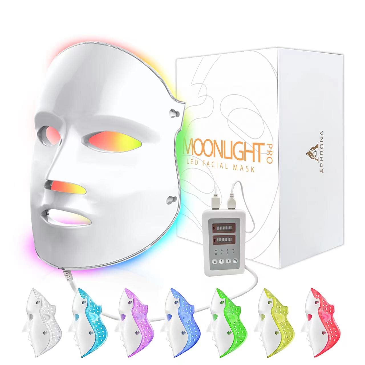 Aphrona FDA cleared LED Facial Mask MOONLIGHT PRO 7 Color Treatment Photon Mask, Red light Blue light for Acne Removal Wrinkle Reduction, led light therapy for face, 450 Powerful LED Chips (White)