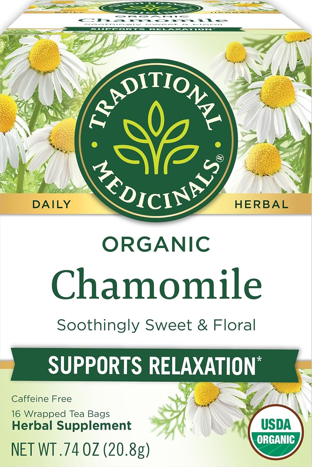 Traditional Medicinals Organic, Chamomile Tea – Supports Stress Relief and Relaxation – Kosher, Non-GMO, Caffeine-Free, Compostable – 16 Tea Bags